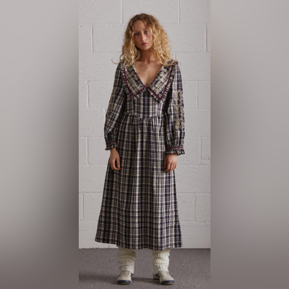 Damson Madder Maude embroidered Collared Midi Dress navy plaid maroon velvet